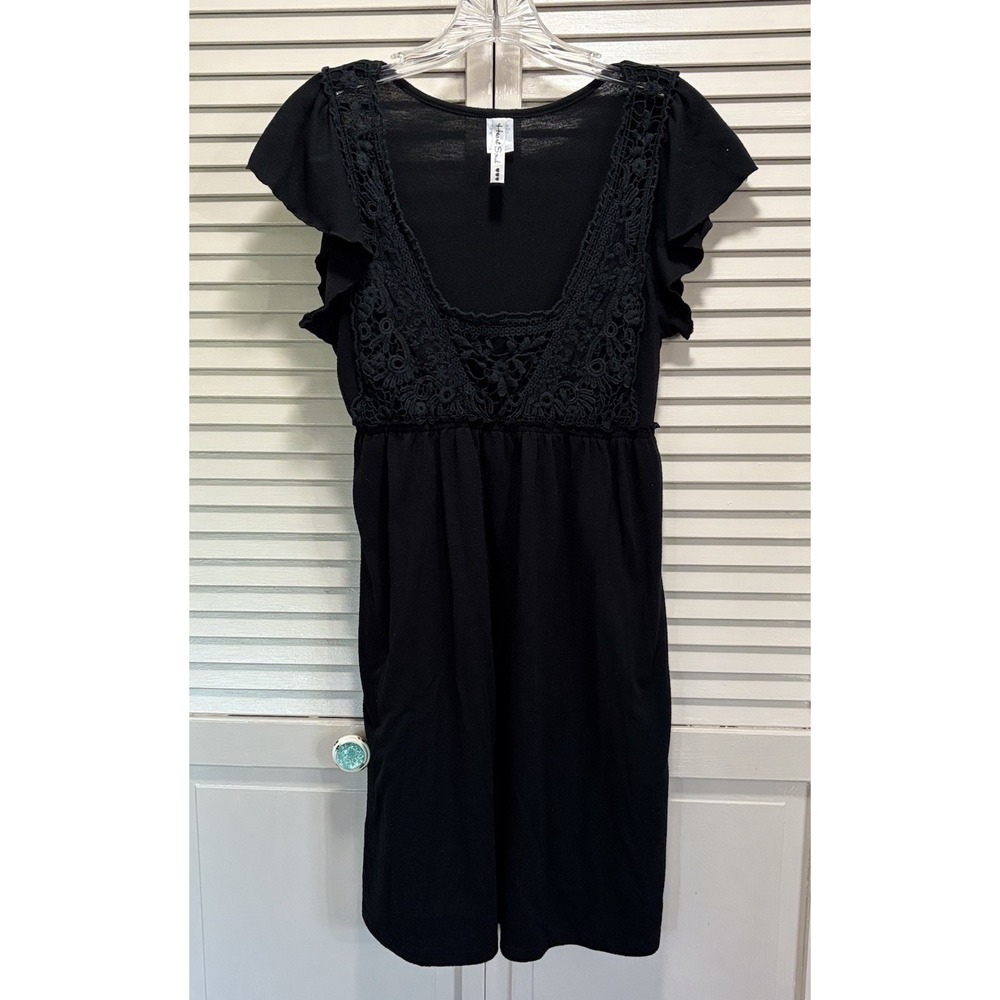 Heart & Soul Black Midi Crochet Short Flutter Sleeve Dress Size L Scoop Tie Back